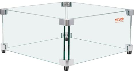 VEVOR Gas Fire Pit Wind Guard for Square Fire Table, 493 x 493 x 191 mm Clear Tempered Wind Guard for Firepits, 8mm Thick Square Glass Shield, Glass Panel with Hard Corner Bracket & Feet