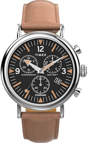 Timex Waterbury Chronograph 41 mm herrklocka - Brunt snabbfrigörande läderarmband i två delar, svart urtavla, silverfärgad boett TW2W84500