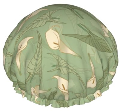 Hair Cap for Shower - Green Leaves Calla Lily Flowers Double Layer Shower Cap Reusable Waterproof, Large Shower Cap for Women, Hair Cap for Shower with Peva Lining and Elastic Rope