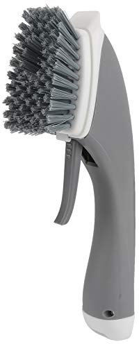 Topfreinigungsbürste mit Spender, 29 cm, Spülbürste mit Spender, Spülbürste mit Griff zum Schrubben von Geschirr, Töpfen, Pfannen, Küchenspülen (Grey)