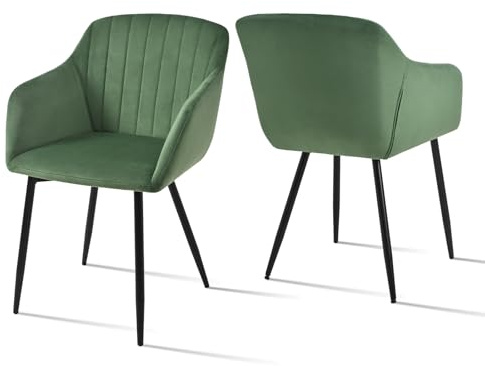 Goeurvant Esszimmerstühle 2er Set mit Armlehnen - Polsterstühle aus Samt, Küchenstühle, Armlehnenstuhl mit Metallgestell für Esszimmer, Wohnzimmer, Waldgrün