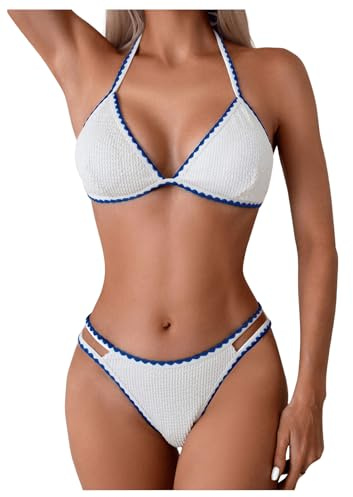 GORGLITTER Triangelbikini damset halterneck bikini sexigt snitt bikini färgblock bikinis tvådelad baddräkt badmode 2 delar, Vit, M