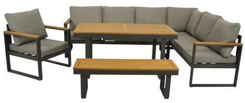 DEGAMO Funktions Eckbankset Diningset Kampala 4-teilig, Aluminium anthrazit + Akazie, Polster Mittelgrau, mit Liegefunktion, Outdoor
