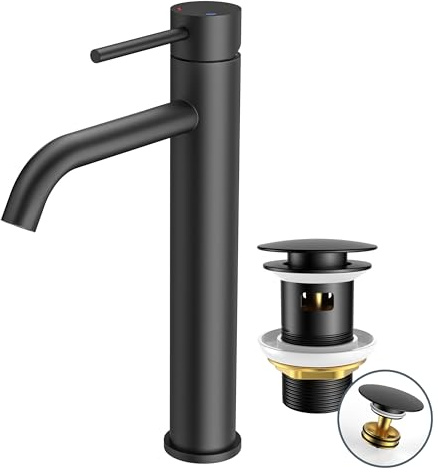 FORIOUS Rubinetto per il Bagno Lavabo con Piletta di Scarico, Miscelatore Monocomando Nero per Lavabo Alto con Altezza del Beccuccio di 190 MM, per Bagno e Toilette degli Ospiti