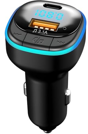 Trasmettitore FM Bluetooth 5.0 per auto, accendisigari Bluetooth con porta USB e USB C, ricarica rapida, adattatore per vivavoce auto, musica, supporto disco U, luce LED