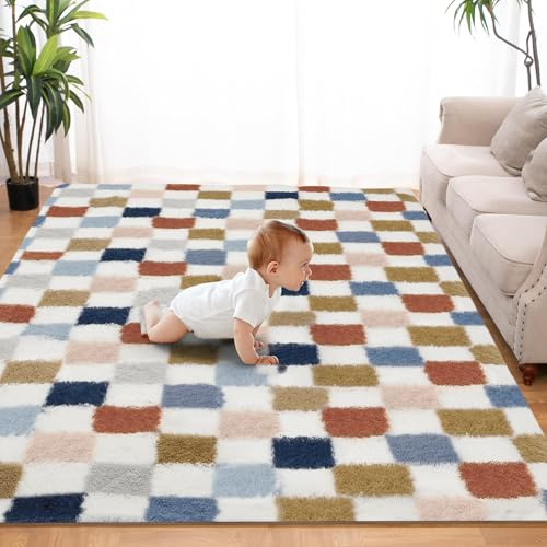 Puremy Teppich Flur Läufer Flauschiger Hochflor, 80x150cm, Bunt | Schachbrettmuster Wohnzimmerteppich Shaggy Flur Modern Weich Teppiche für Bettvorleger Matte /Deko/Schlafzimmer/Kinderzimmer