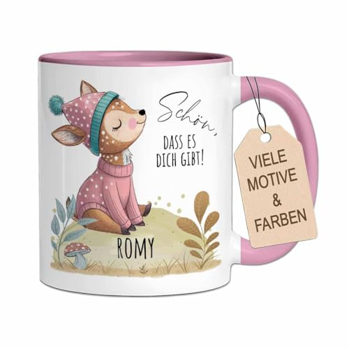Personalisierte Kindertasse aus Keramik mit Namen | Tasse mit Retro Tier-Motiv als Geschenk für Jungen & Mädchen zu Geburtstag, Einschulung (Reh, Rosa)