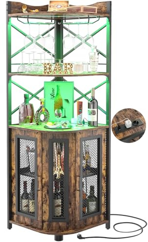 iSunirm Meuble Bar d'angle avec Prise électrique, Meuble à vin Industriel avec Bande LED et Porte-Verres, à liqueurs à 5 Niveaux pour la Maison, vitrine d'angle pour Petits espaces, Marron