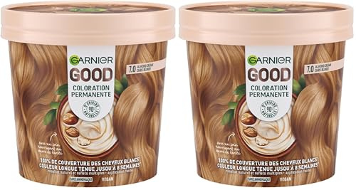 Garnier - Permanente Haarfarbe – ohne Ammoniak – 90% Inhaltsstoffe aus natürlichen Ursprungs und vegane Formel – Sheabutter – 100% Abdeckung für weißes Haar – Dunkelblond Mandel (7,0) – Good