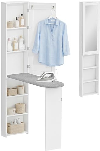 HOMCOM Mueble de Plancha con Espejo, Tabla de Planchar Plegable, Mueble Planchador con 6 Compartimentos, 2 Ganchos, para Espacios Reducidos, 107x35x174 cm, Blanco