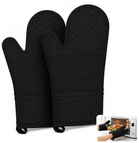 Silicone Oven Mitts, Anti-Slip Heat Resistant Oven Gloves, Withstand 500℉, Double Oven Gloves for Kitchen Cooking BBQ(Black)