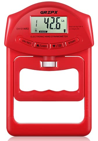 GRIPX Dinamómetro de Mano Digital Medidor de Fuerza de Agarre automático, probador de Fuerza de Poder de Agarre electrónico de 90 kg, Rojo
