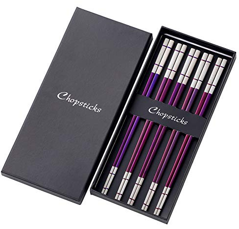 YDware Essstäbchen Edelstahl Set 5 Paar Sushi Stäbchen Mit Schwarzer Geschenkbox 23,4cm Lange Essstäbchen Metall Spülmaschinenfest Lila