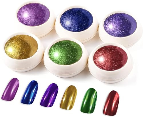 BISHENGYF Gold Chrome Nail Powder, Metallic Chromfarbener Nagelpuder Nail Art, Spiegel Effekt Rot Cromepulver Nägel Pulver Glitzer Grün Pigmente für Nagelkunst und Nageldesign Starter - 6Pcs