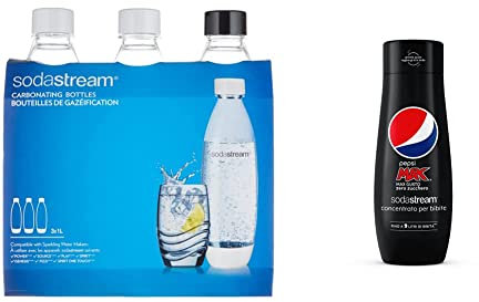 SodaStream Bottiglie Fuse per Gasatore Source, Play, Power, Spirit, Fizzi e Genesis, Capienza 1 litro, Confezione da 3 & Concentrato per la preparazione di bevande dissetanti gassate al gusto Pepsi