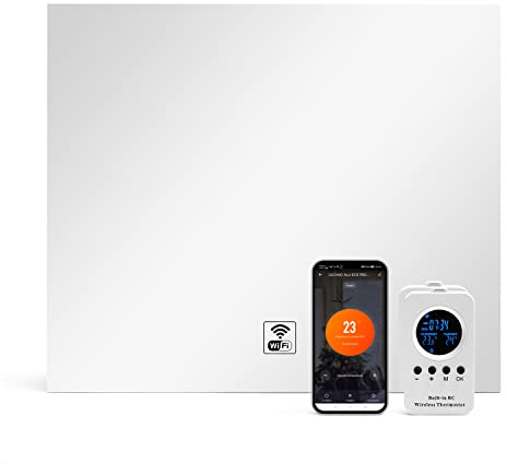ULCANO Pannello Radiante Infrarossi a CRISTALLI di CARBONIO, 300W 50x60 cm, Comfort Termico (non secca l’aria) Basso Consumo, Max Efficienza, SPECCHIO, MIRROR ECO PRO + Telec. Termostato + WIFI e APP