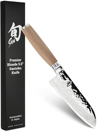 Shun Premier Blonde 5.5 Santoku Knife, Handcrafted and Hand-Sharpened Japanese All Purpose Knife, VG-MAX Core with Damascus Stainless Steel Cladding, Pakkawood Handle, Versatile Japanese Tool