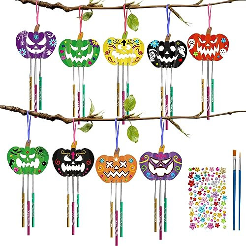 LOPOTIN 9SET Halloween Kürbis Deko Windspiel Bastelset Kinder Herbst Basteln Kinder Fensterdeko Holz Herbstdeko Kürbis mit Pinsel Hanfseil Klangspiel für Innen Outdoor Herbstzeit Kindergeburtstag