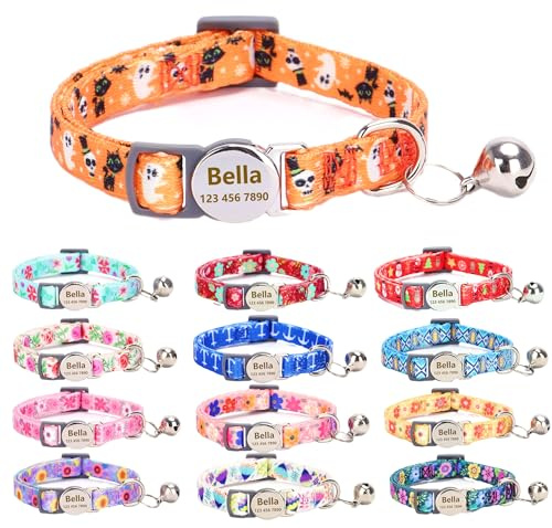 Moonpet Personalisiertes Katzenhalsband mit Namen und Telefonnummer, Katzenhalsband mit Sicherheitsverschluss und glöckchen-Halloween-Stil