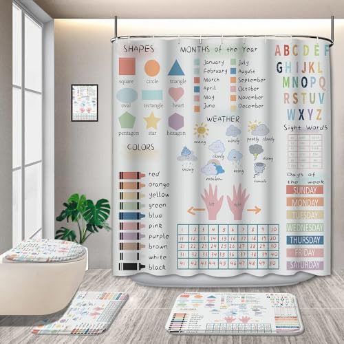 4 Pcs Kids Educational Shower Curtain Sets with Non-Slip Rugs Boho Watercolor ABC Alphabet Pastel Numbers Shapes Colors Weather Knowledge Child Nursery Bathroom Decor Polyester Fabric 72 * 72in