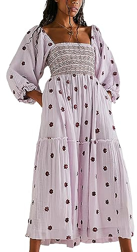 Acrawnni Women's Flower Embroidered Maxi Dress Long Puff Sleeve Square Neck Smocked Tiered Bohemian Flowy Dress Beach Long Dress