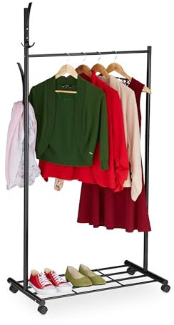 Relaxdays Burro para Ropa con Ruedas, 165 x 80 x 44 cm, Metal, con Estante, Perchero Móvil, Colgador Rodante, Negro