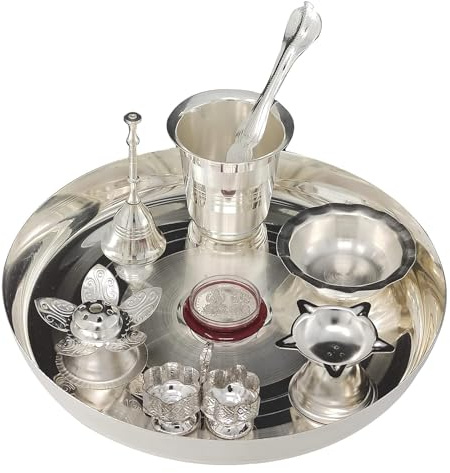 BENGALEN Pooja thali Set Silver Plated with 8 Inch Plate Glass Bowl Agarbatti Stand Palli Diya Kumkum Stand Coin Ghanti Puja Thali for Diwali Home Mandir Office Wedding Return Gift Items
