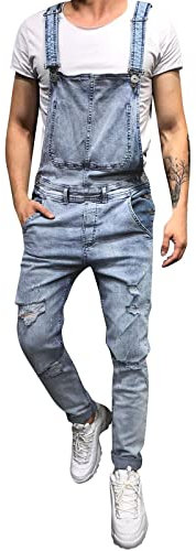 Denim-Jumpsuit für Herren, Arbeitskleidung, wasserdicht, modisch, schmale Passform, Jumpsuit mit Tasche, einteilige Hose, Denim-Jumpsuit mit Tasche, gewaschen, schmaler Einteiler, blau, M