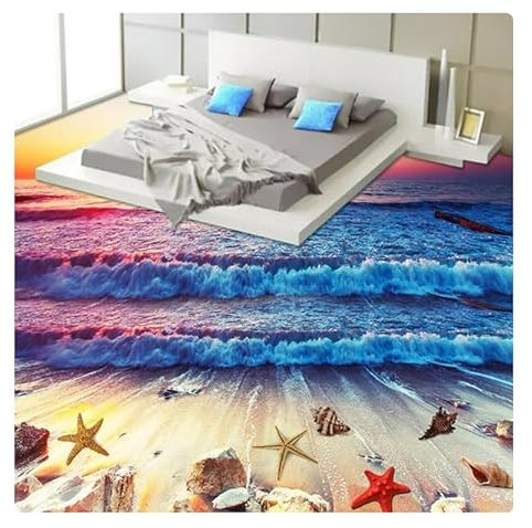 vsdhlsidgl Foto-Bodenwandbild Sonnenuntergang Abendrot Bunte Wellen Strand Badezimmer Küche 3D Stereo Boden PVC Selbstklebende Tapete * 150 cm x 105 cm (59,1 x 41,3 Zoll)