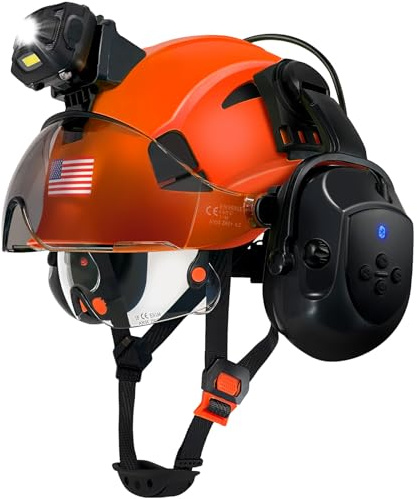 SAFEBUILDER Hard Hats with Bluetooth Ear Muffs Headlight Safety Helmet with Visor Vented Adjustable Construction Forestry Hardhats ANSI (Orange+CSV+BTE+SHL01)