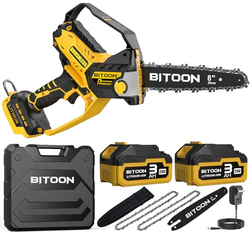 BITOON 8-Inch Mini Chainsaw with 2PCS 3.0Ah Battery and Charger, Auto-Oiler, Brushless Cordless 8-Inch and 6-Inch 2-in-1 Pruning Chain Saw, Portable Electric Chainsaw for Cutting Wood, Branches Yellow
