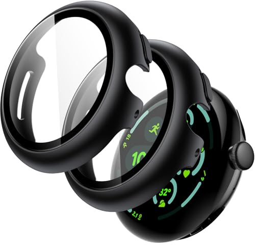 JETech Cover con Pellicola Protettiva per Google Pixel Watch 3 45mm, Nero | 9H Vetro Temperato Integrato, Alta Sensibilità Touch, Protezione Completa, Custodia Design PC Rigido