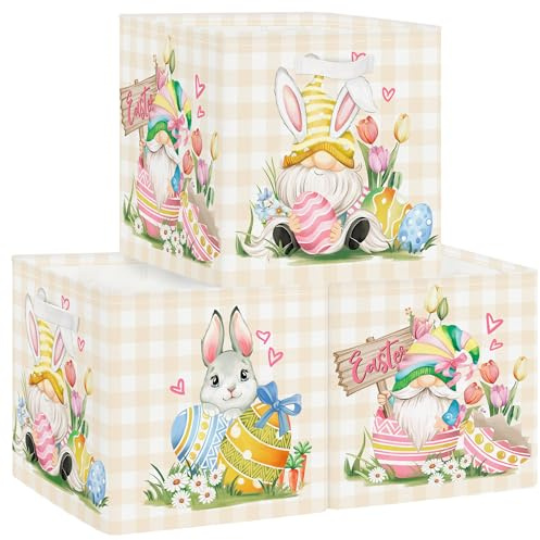 HUUMONSS 30cm Juego de 3 Cajas de Almacenamiento Pascua Checkered Organizadoras de Almacenaje Juguetes Gnomo Huevos Tulipán Plegables Cestas Almacenaje Niños Libro Ropa para Estantes Armario