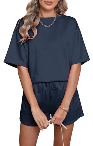 Famulily Short Sleeve Womens Tracksuit Sets Crew Neck Solid Color Tops and Loose Shorts Summer 2 Piece Outfit with Pockets S-XL