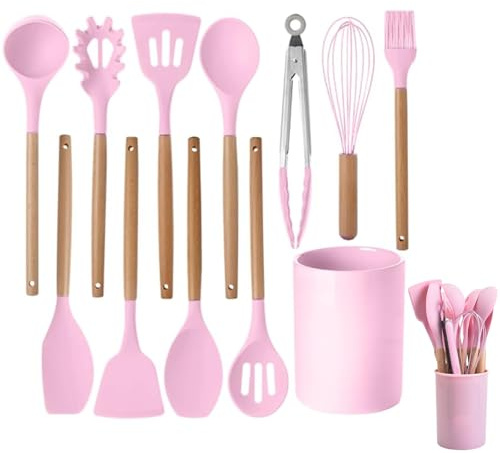 Set di 12 utensili da cucina in silicone con manici in legno, resistenti al calore, antiaderenti, con pinze, spatola, cucchiai e supporto, lavabili in lavastoviglie, migliori gadget da cucina (rosa