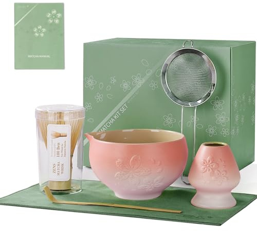ZENS Premium Matcha Whisk Set, 6pcs Matcha Kit for Matcha Lovers, Green | Ceramic Matcha Set with Sakura Bowl, Bamboo Whisk, Chasen Holder, Scoop, Sifter & Tea Mat for Latte Making