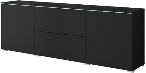 Muebles Slavic Buffet pour salon Vera 181, meuble TV, 2 portes, 2 tiroirs, éclairage LED en option, armoire de rangement, (LED, noir mat)