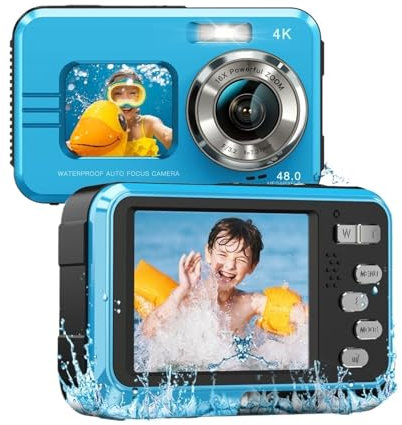 TIEOAXFT 4K Underwater Camera 11FT Waterproof Camera with 64GB Card 48MP Autofocus Dual-Screen Selfie Underwater Camera for Snorkeling for Vlogging with External Microphone, Remote Cont(Blue)