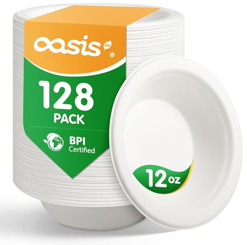 Suppenschalen Einwegschalen 360ml,Kompostierbar,Snack & Dessert Pappschalen | 128Stk Bioabbaubar,Öko,MW- & Gefr.-geeignet,Schüssel Einweg für Suppe,Haferbrei,Zuckerrohr Snack Schale ,Salat Pappe-Schüssel