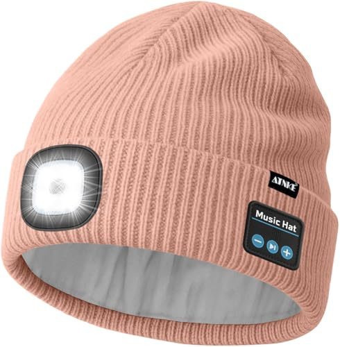 ATNKE LED Bluetooth Mütze mit Licht, USB Wiederaufladbare 4 LED Kabelloses Musik Redner Laufmütze Stirnlampe Winter Warm Strick Mütze mit Fleece Gefüttert Geschenke für Herren und Damen