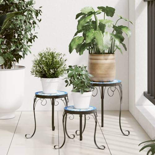 LVHUIDEH 3er Set Mosaik Beistelltisch Blumenhocker Blumenständer Mosaiktisch Pflanzentisch Eisen + Keramik