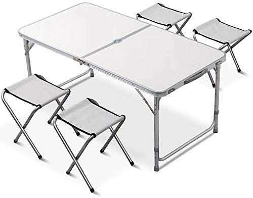 Portable 4ft Aluminum and Chair Set, Camping Tables That Fold Up Lightweight with 4 Folding Stools, Height-Adjustable Outdoor Camping Table Garden Dining Table