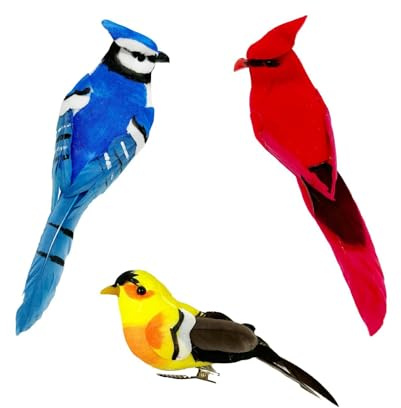 LWINGFLYER 3pcs Artificial Birds Realistic Red Cardinal Blue Jay Yellow Goldfinch with Metal Clip Assorted Birds Ornaments for Christmas Tree Decoration and Crafts