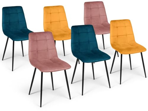 IDMarket - Lot de 6 chaises Mila en Velours Mix Color Bleu x2, Jaune Ocre x2, Rose x2