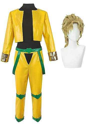 Jilijia Dio Brando Costume Cosplay Anime Stone Mask Cosplay Uniforme Abiti con Parrucca Set Completo Cappotto Giallo Pantaloni Abiti per Halloween Canival Party