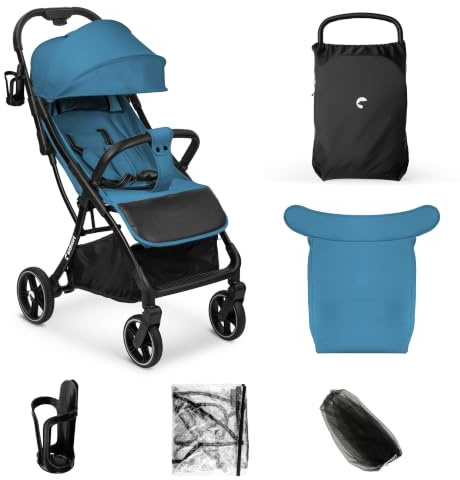 Kidnort Fjällräv Buggy leicht faltbar ab Geburt bis 22 kg mit Liegefunktion, 5-Punkt-Gurt, verstellbarer Rückenlehne und Fußstütze, Belüftungsfenster, Zubehörset Blau