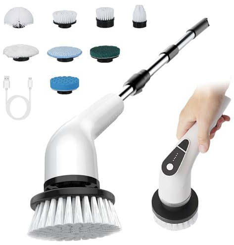 Electric Spin Scrubber, Cordless Electric Cleaning Brush with 8 Replaceable Brush Heads, Shower Scrubber 5 Speeds, 125cm Adjustable Handle Power Scrubber for Bathroom, Floor, Kitchen, Car