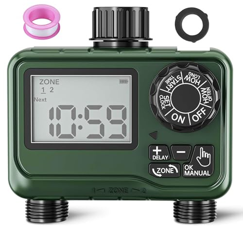 BN-LINK Sprinkler Timer Outdoor - 2 Zone Programmable Water Timer with Rain Delay, Automatic Irrigation System for Lawns & Garden Hoses - Waterproof Manual Controller with Large LCD Display