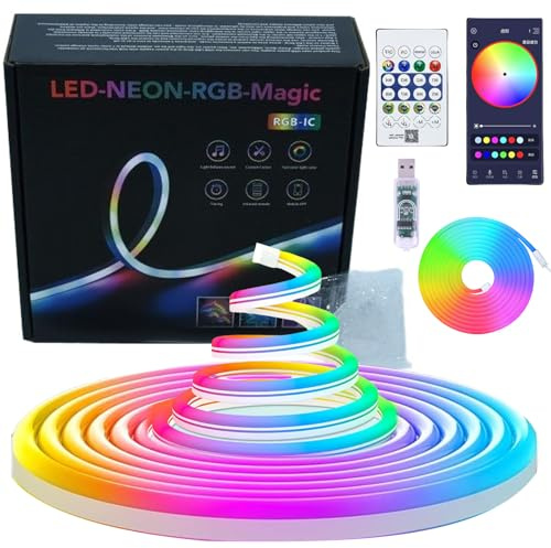 5M Neon LED Strip, 5V RGB Neon LED Streifen mit Fernbedienung und APP Steuerung, IP67 Wasserdichte Flexible Lichtstreifen LED Band Seil Lampe für Wohnzimmer Schlafzimmer Feiertagsdekoration