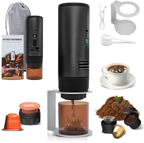 RoserRose Caffettiera Portatile, Macchina per Caffè Viaggio - Senza Fili & Auto-Riscaldante - Con Batteria 7800mAh, 20 Bar di Pressione - Compatibile con NS/DG/Caffè Macinato (Nero metallizzato)